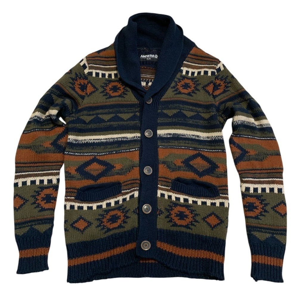 Amnesia Men's Southwestern Aztec Print Shawl Collar Cardigan Sweater M/M